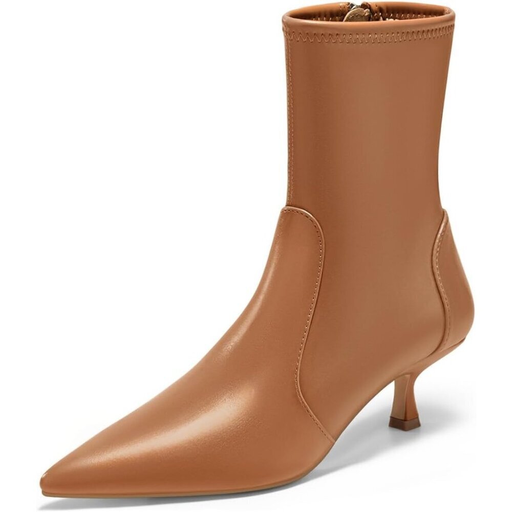 Women's Brown Low Kitten Heel Ankle Shoes Pointed Toe Side Zipper Fall Booties